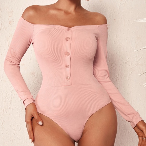 NEW--OFF SHOULDER BUTTON FRONT RIBBED BODYSUIT - Picture 3 of 5
